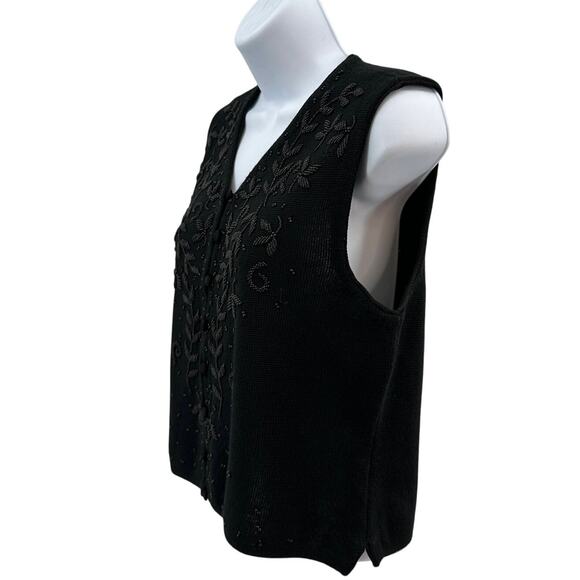 Liz Claiborne Vest WMNS SP Black Beaded Button Up V-Neck Wool Blend Waist Coat - Picture 3 of 6